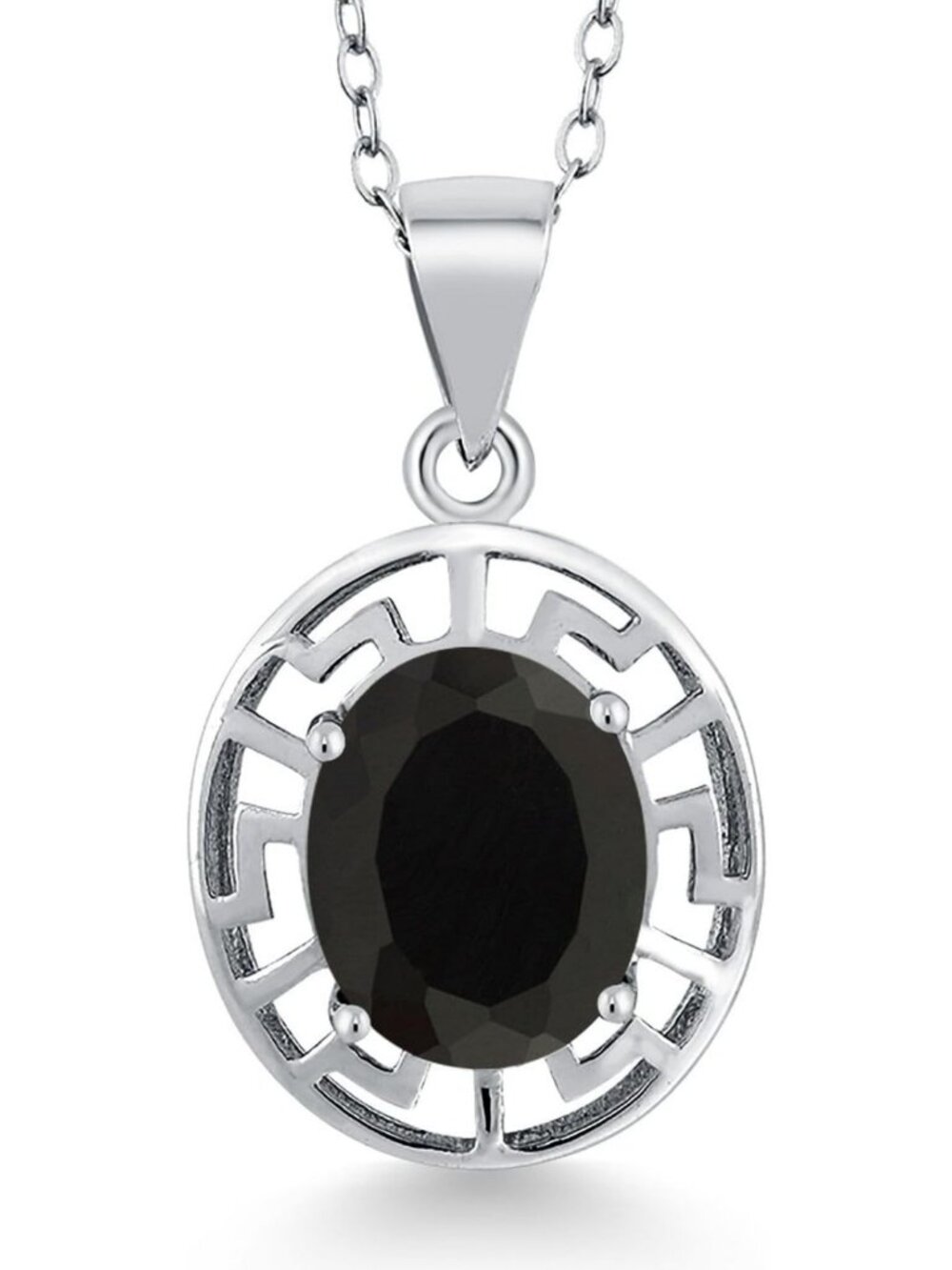 925 Sterling Silver Oval Gemstone Birthstone Necklace | Greek Key Pendant, 18